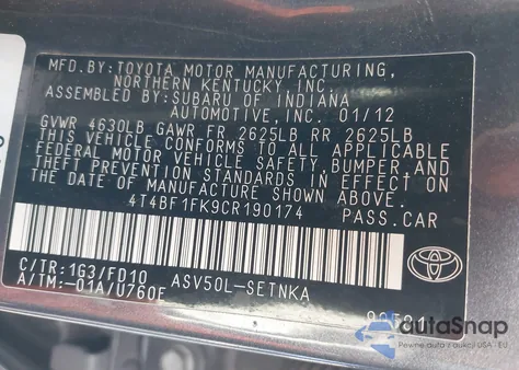 2012 Toyota Camry Le z USA, uszkodzony, nr VIN 4T4BF1FK9CR190174